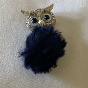 Silvertone Owl Pendant Slide Pendant Enhancer with Blue Eyes & Puff Ball